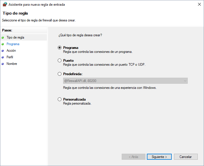 Firewall de Windows: tipos de regla