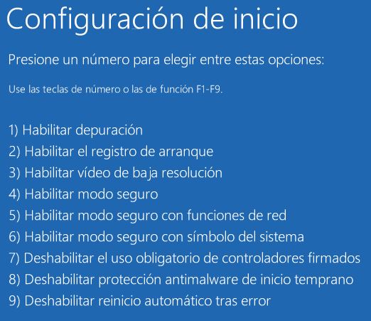 Opciones de inicio avanzadas Windows 10