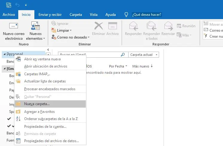 Crear una carpeta en Microsoft Outlook