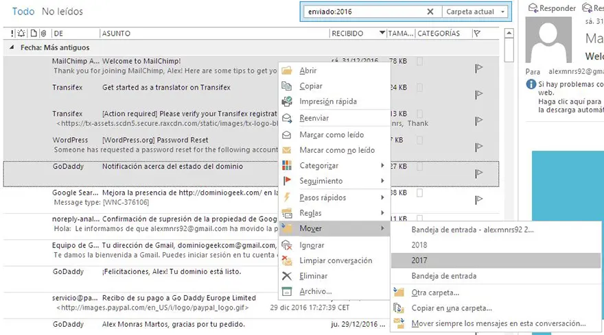 Mover correos a una carpeta en Microsoft Outlook