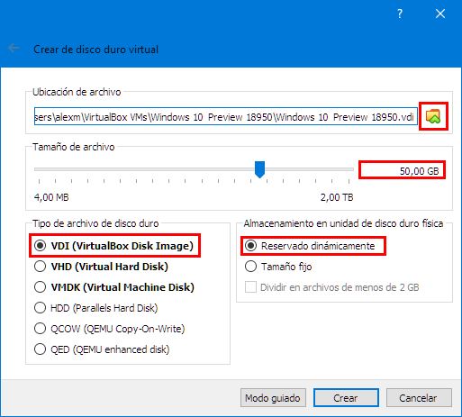Crear disco duro virtual Windows 10 virtualbox