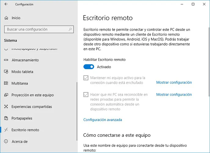 Habilitar escritorio remoto Windows 10