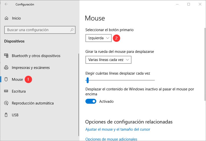 Configuración de los botones del mouse en Windows 10