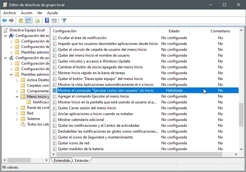 Activar "Ejecutar como otro usuario" en Inicio desde el editor de directivas gpedit