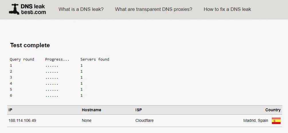 Comprobar fuga de DNS con DNS Leak Test